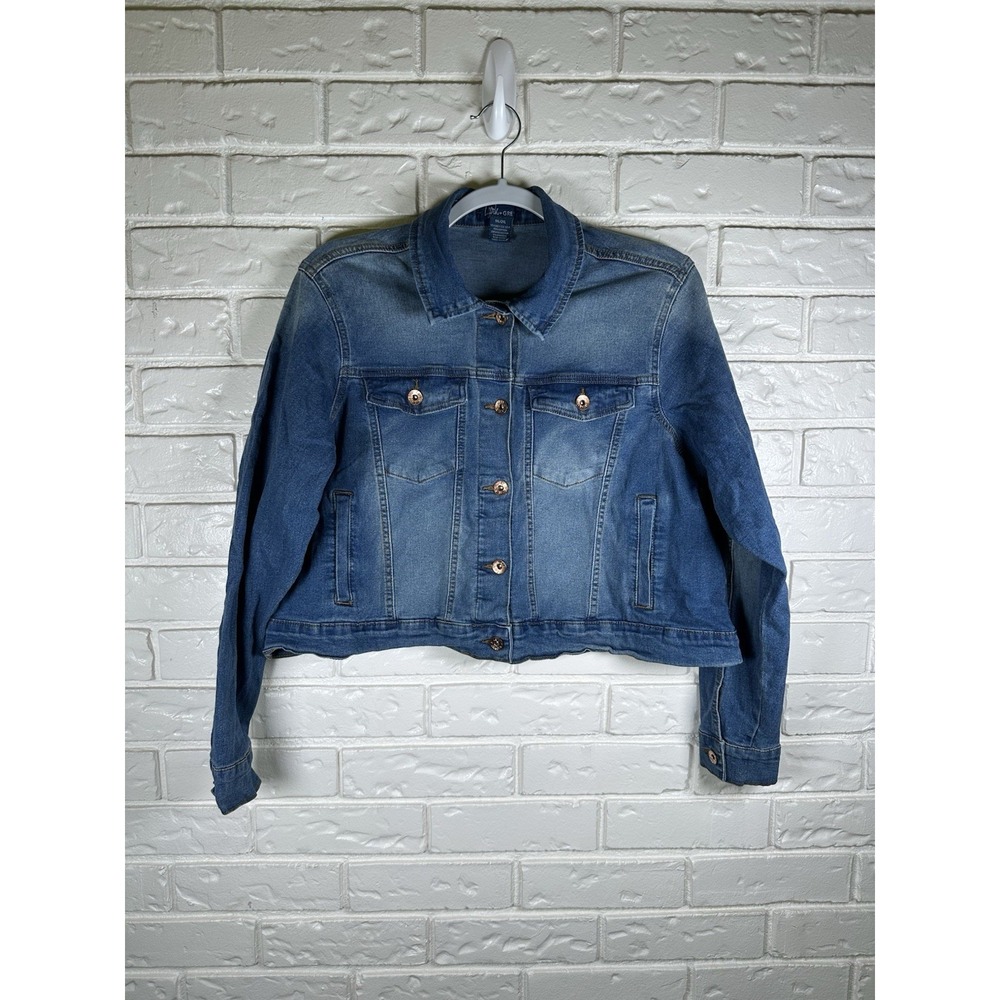 Lark + Grey Size 1X/2X Stretch Denim Jacket Cropped Blue‎ Jean Jacket Plus Size